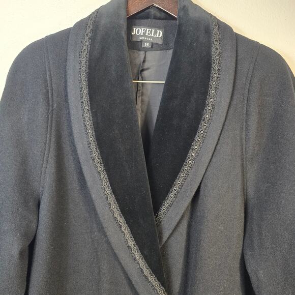 Vintage JOFELD Coat Women's 14 Black Wool Velvet Embellished Collar Long 80s 90s - Picture 3 of 14